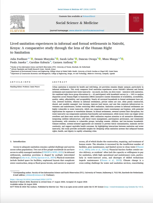 Lived sanitation experiences in informal and formal settlements in Nairobi, Kenya: A comparative study through the lens of the Human Right to Sanitation | Elsevier